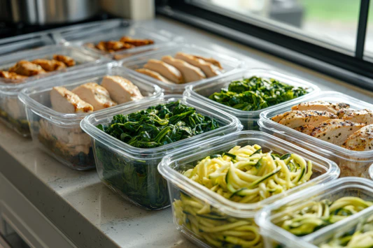 A weekly meal preparation layout showing diverse ingredients grouped by colour and food type